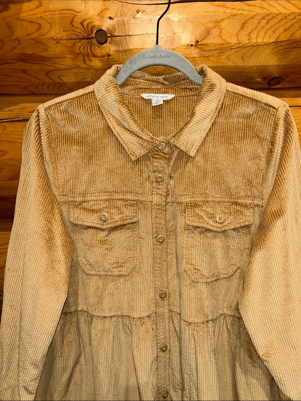 American Eagle NWOT Corduroy Babydoll Button Down Mini Size L Tall in Camel Tan - Picture 2 of 7